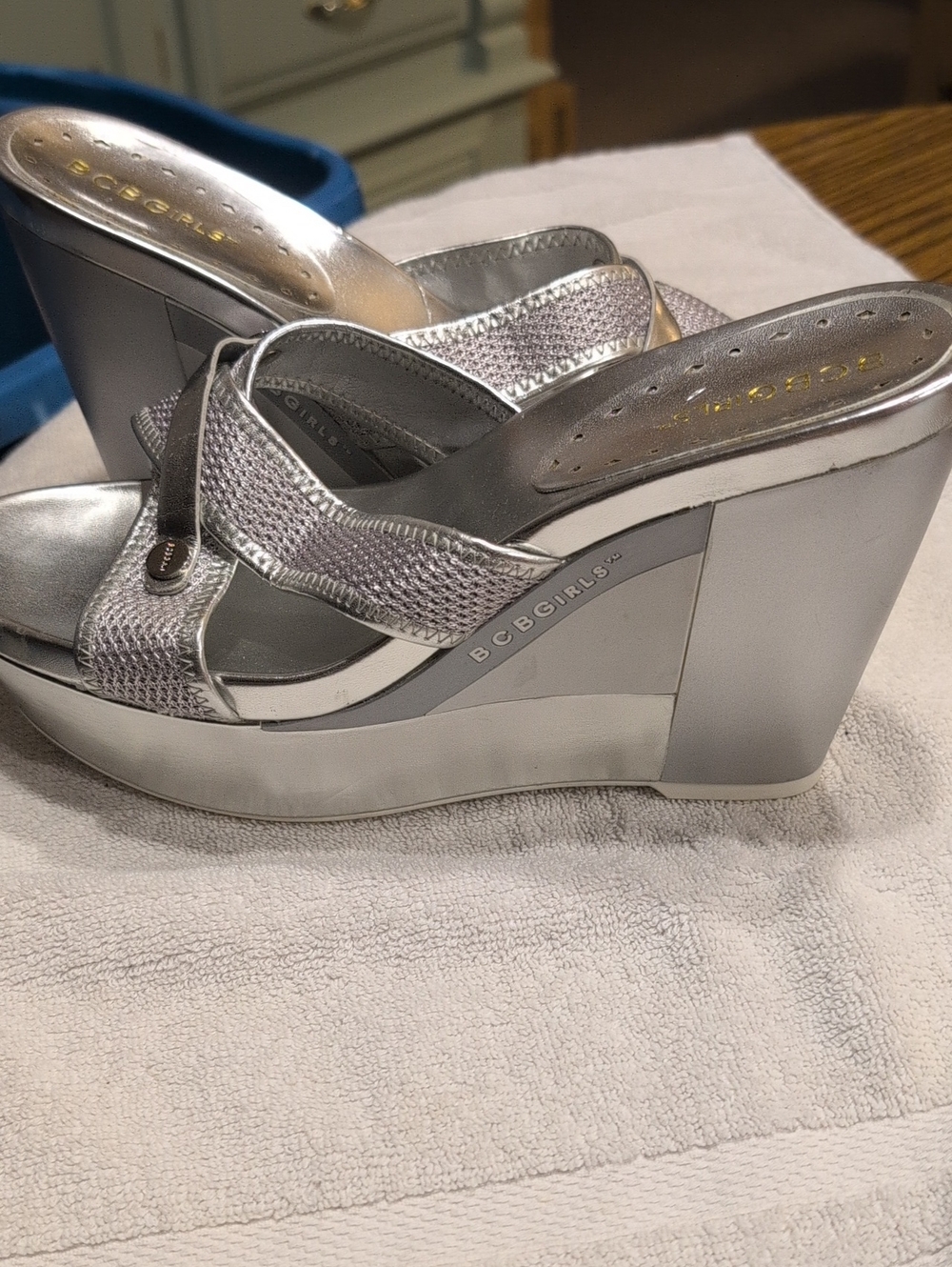 BCBGirls Metallic Silver Platform Wedge Sandals